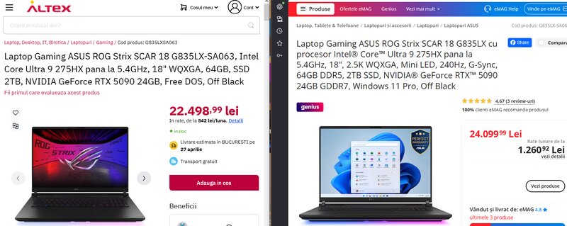 Asus Rog Scar G18, RTX 5090, Intel Ultra 9, 64GB, 2TB, garantie 3 ani, nou